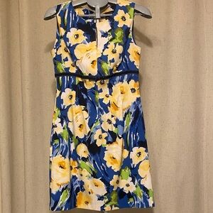 Perceptions Blue Floral Sleeveless Sheath Dress with Yellow Accents